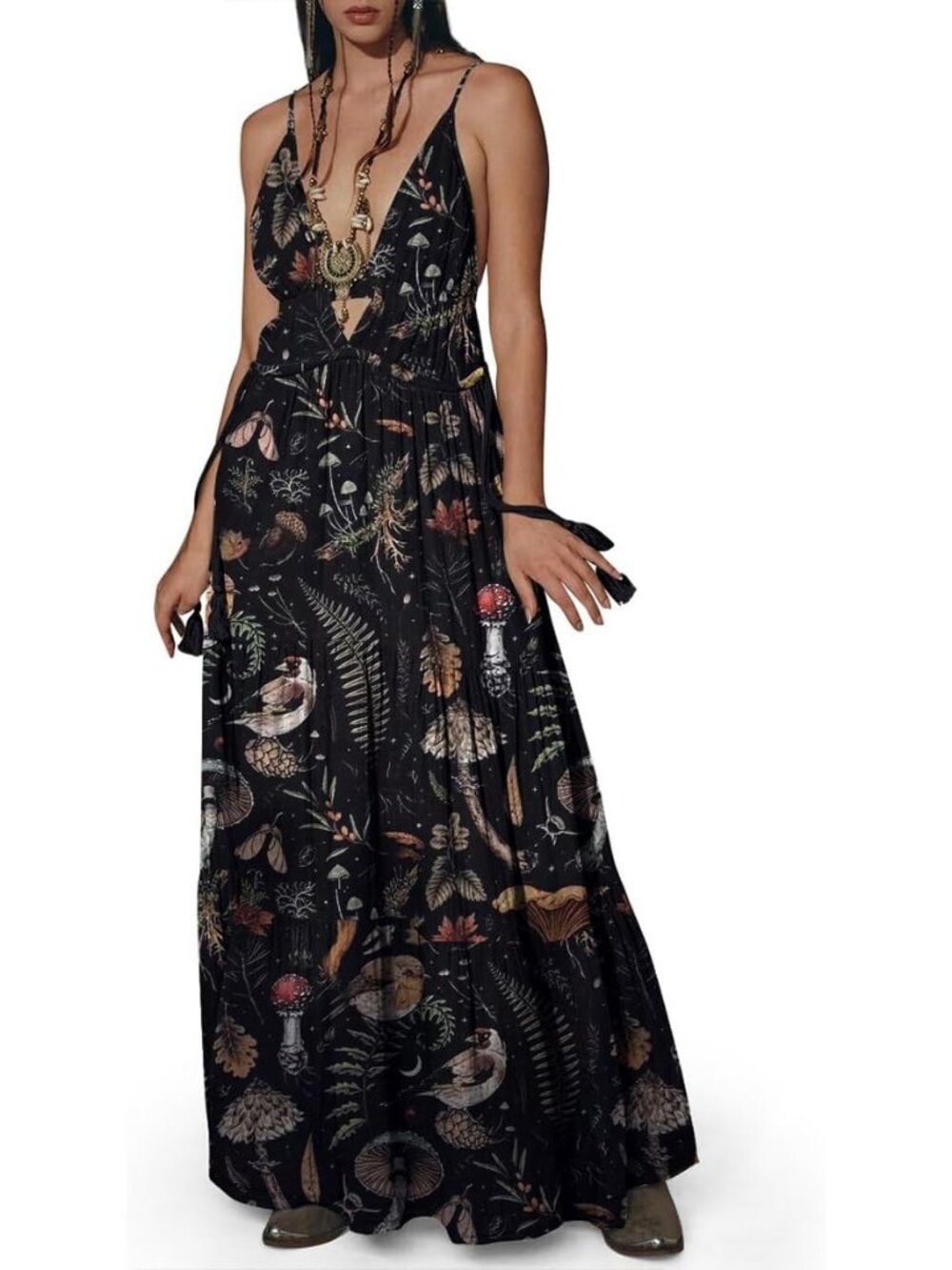 Women's Gothic Floral Witch Maxi Dress Casual Summer Halloween Outfit-Mushroom